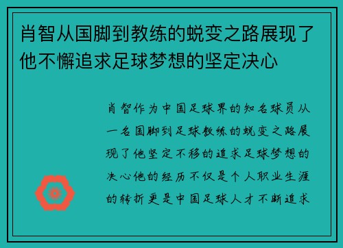 肖智从国脚到教练的蜕变之路展现了他不懈追求足球梦想的坚定决心