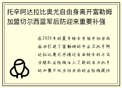 托辛阿达拉比奥尤自由身离开富勒姆加盟切尔西蓝军后防迎来重要补强 托辛阿达拉比奥尤自由身离开富勒姆加盟切尔西蓝军后防迎来重要补强